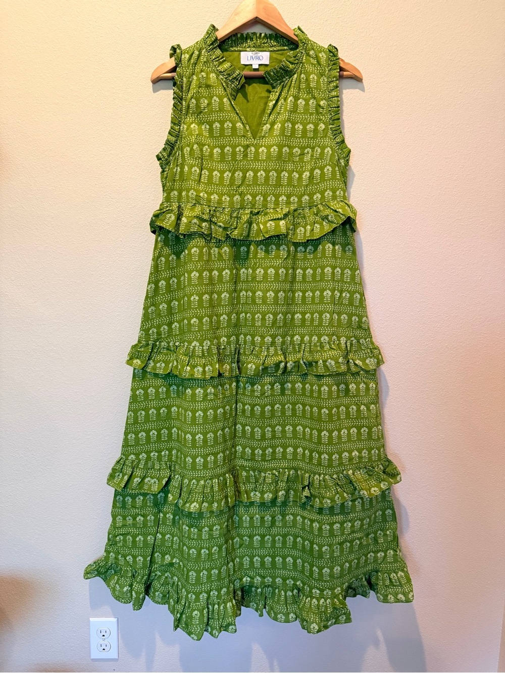 Livro Green Block Print Ruffle Tiered Maxi Dress Size Small #0131